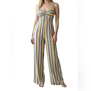 NWT Bailey Blue Women’s Yellow Grey White Striped Wide Leg Jumpsuit Flowy Size S